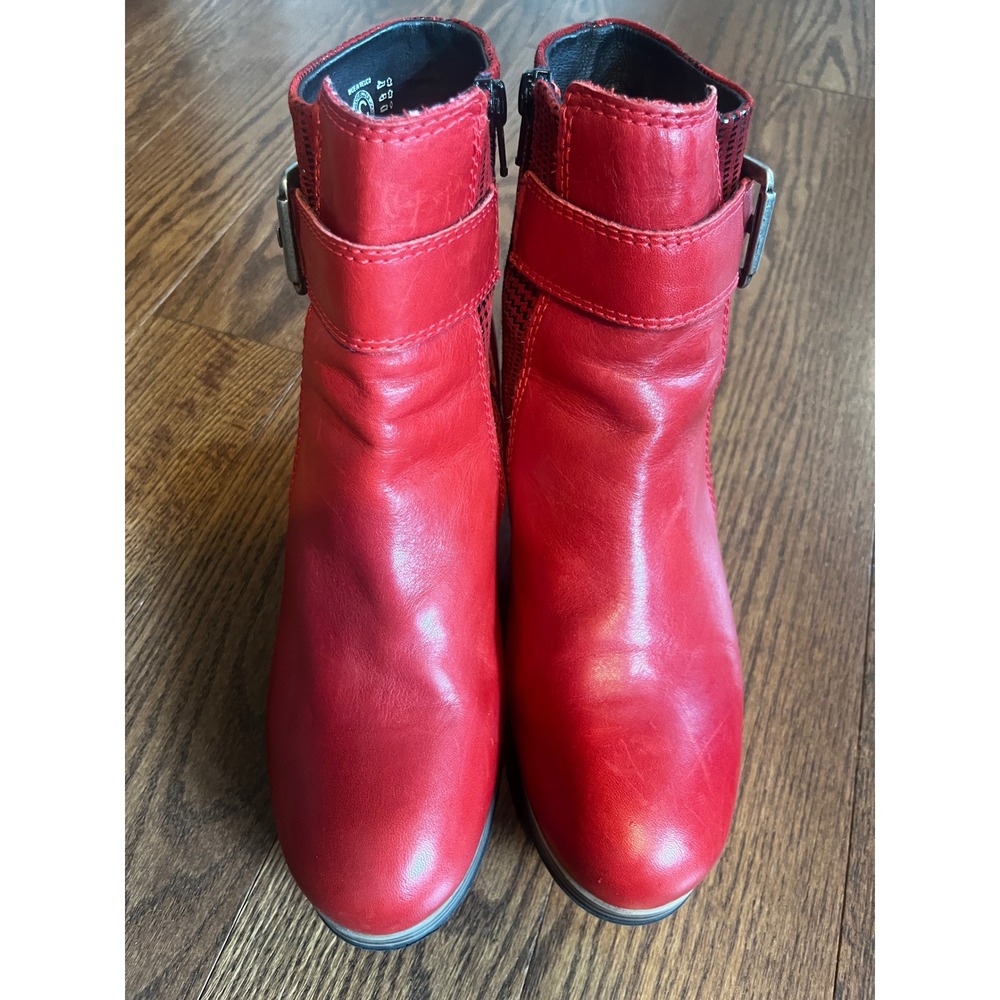 Wolky Red Leather Ankle Boots Buckle Block Heel Houndstooth Accent 7986 Size 9.5